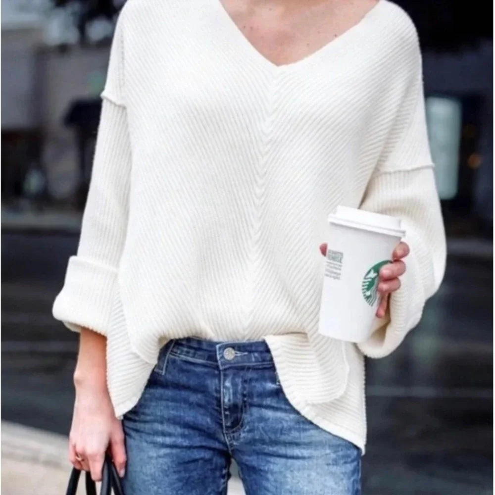 Free People La Brea V-Neck Sweater Women's Size Large Ivory V-Neck Slouchy Boxy